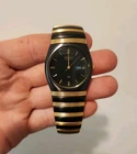 Vintage SEIKO SQ Men's Quartz Watch Day Date Gold Black Case Bracelet Dial