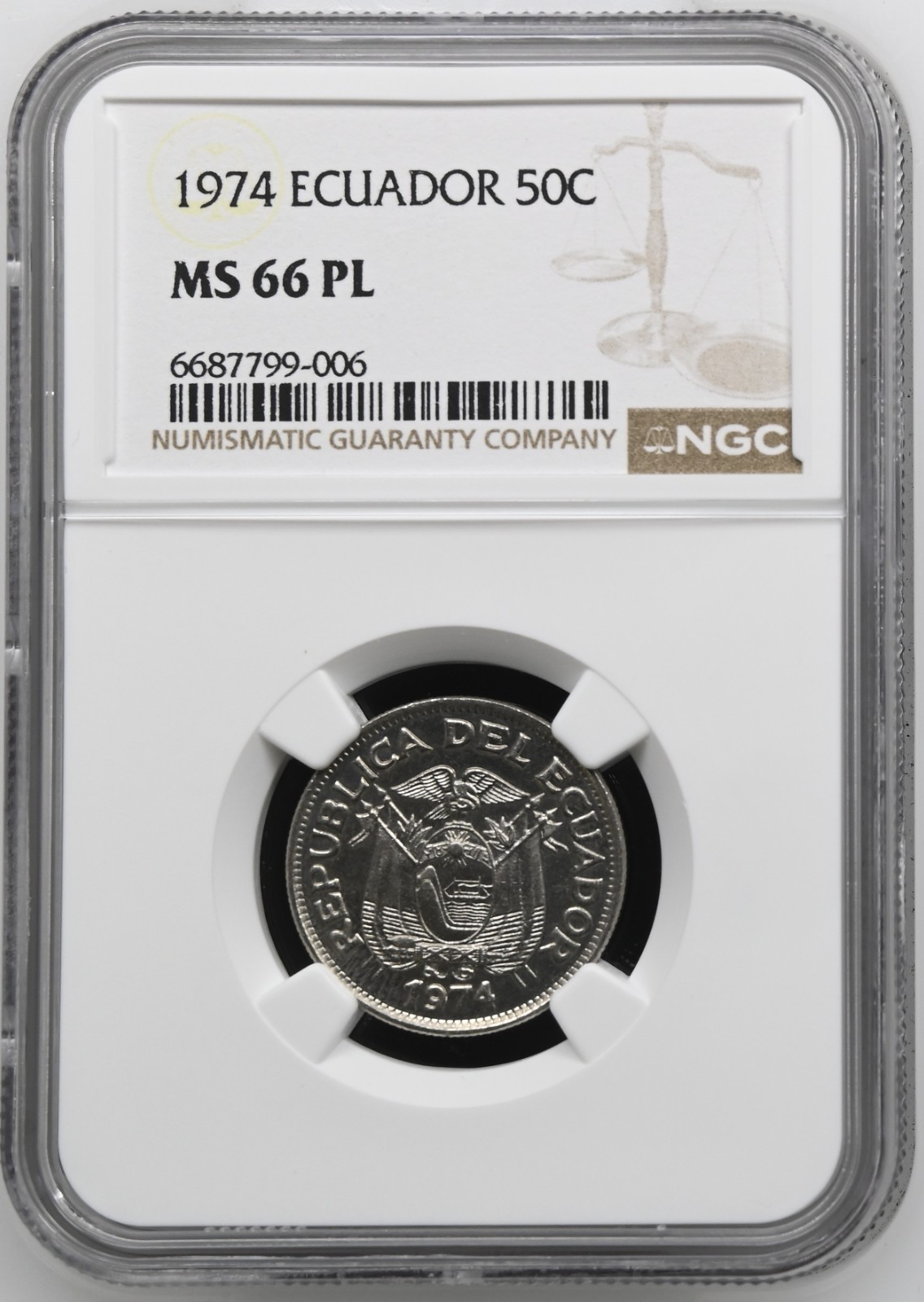 Ecuador 50 Centavos 1974 NGC MS 66 PL