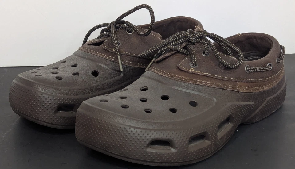 Crocs Brown Leather Islander Pitcrew Sport Boat Shoe Clog Outdoor Mens Size 12 - Image 2 of 4