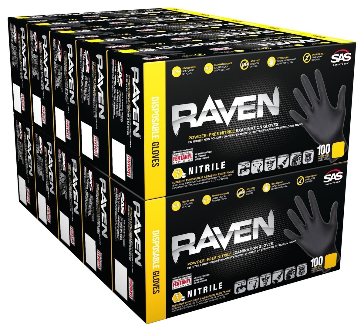 10 Pack SAS Safety 66517 Raven 6 mil Black Nitrile Disposable