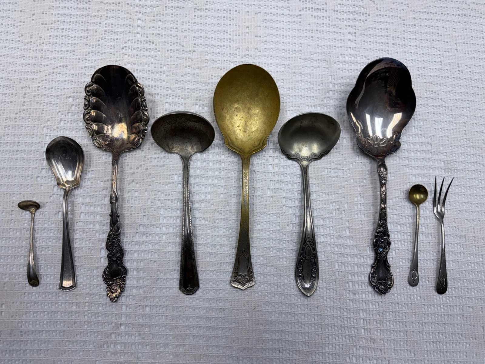 Antique 9 Pc Silver Plate Serving Spoons Gravy Ladles Fork Set Vtg E&JB Wallace