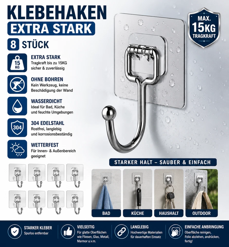 Klebehaken Extra Stark 8 Stück Selbstklebend 15kg Edelstahl Transparent für Bad - Bild 1 von 4