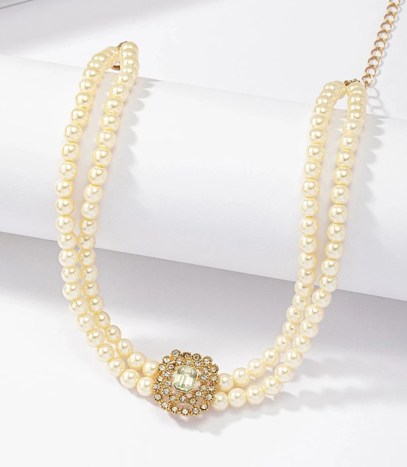 Gargantilha de fio duplo pérola falsa com strass - Imagem 2 de 4