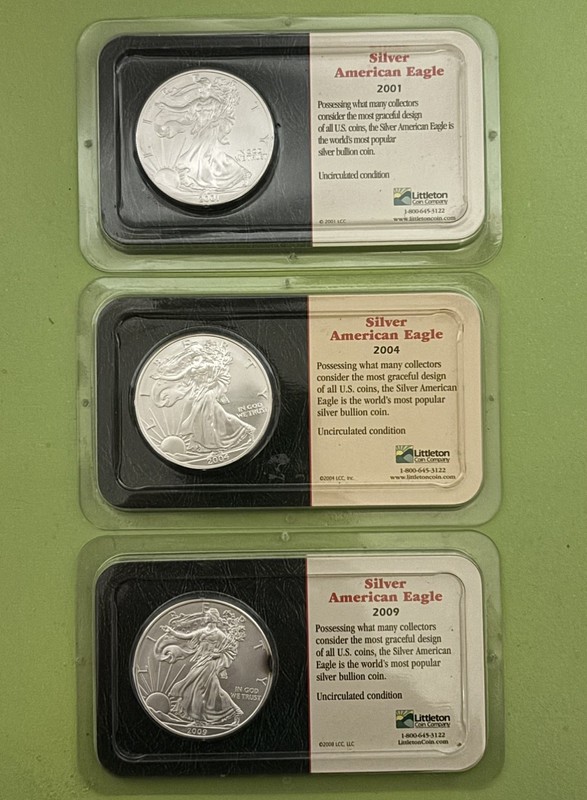 Three (3) American Eagle Dollar Uncirculated 1 oz .999 Silver, Littleton