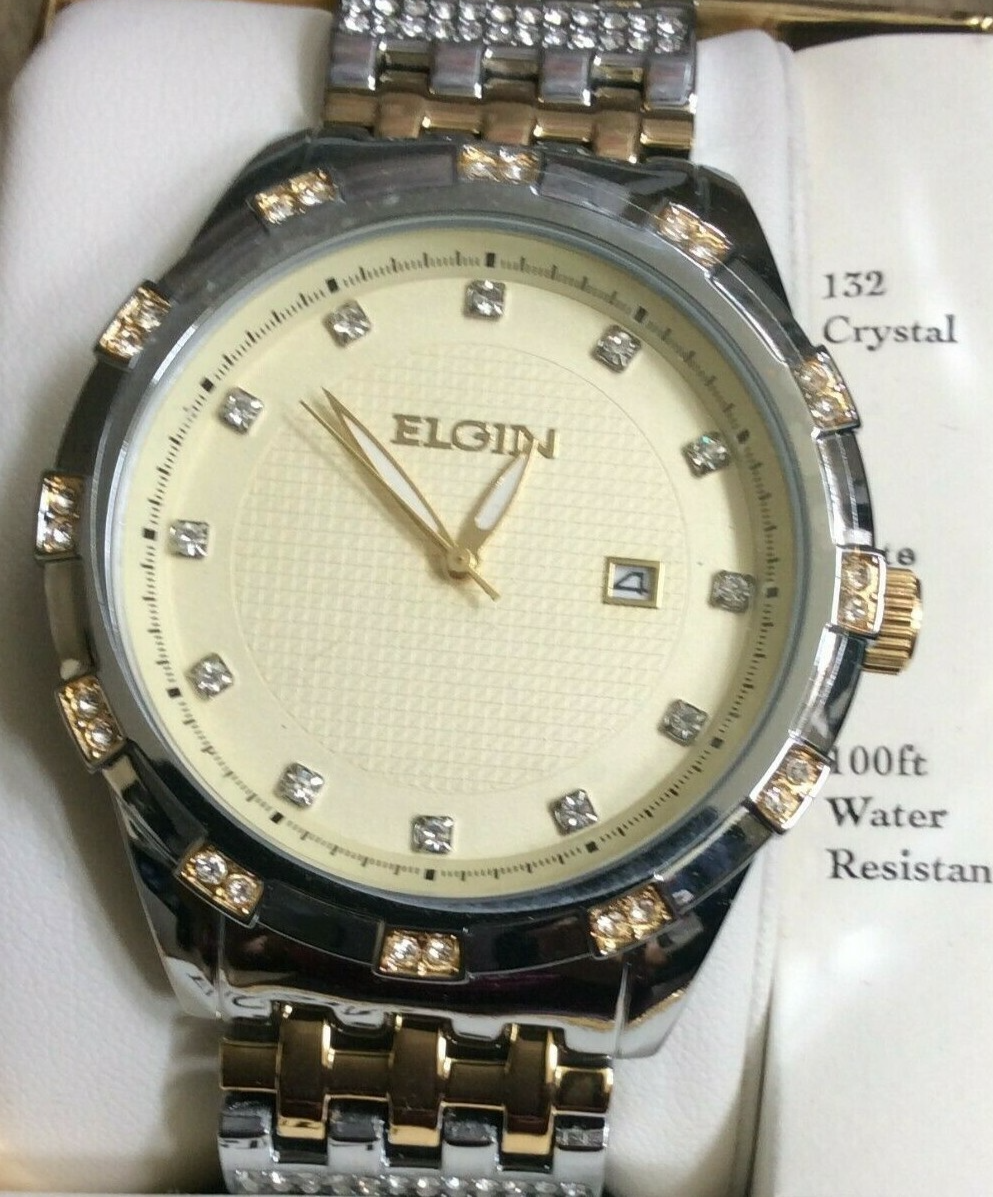 Elgin Men's Watch Round Gold Date Dial Crystal Hours Two Tone