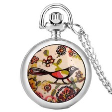 Vintage Bird  Flower Painted Watch Silver Tone Case Quartz Unique Pocket Watch