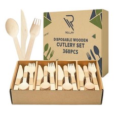 Disposable Wooden Cutlery Set 360 PCS Compostable Bulk  120 Forks Spoons Knives