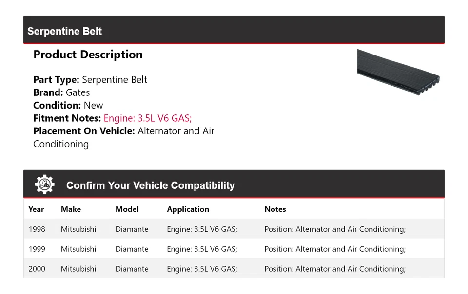 For 1998-2000 Mitsubishi Diamante Serpentine Belt Gates 1999 - Image 2 of 4