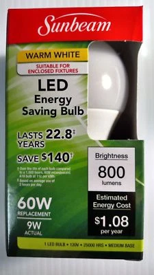 Bulbs Sunbeam Led 9w Bulbs Warm White E26 Base A19 60w Replacement 800 Lumens - Image 1 of 3