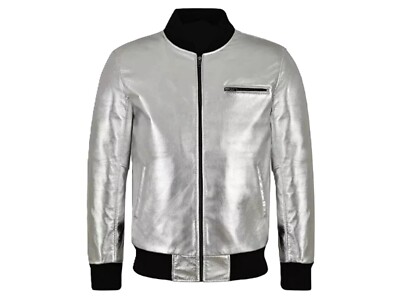 Herren Klassisch Silber 100 % Echt Lammleder Leder Bomber Elastische Taille J...