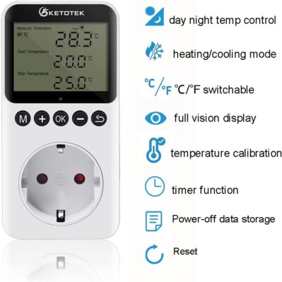 Termostato Digitale 220V Per Rettili, Con Sonda E Timer Giorno/notte Per Terrario E Acquario