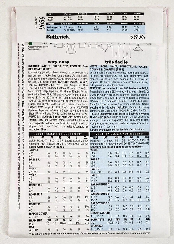 Butterick Sewing Pattern 5896 Baby Romper Jacket Size M-XL Fast & Easy Uncut - Image 2 of 3