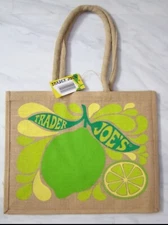 Trader Joe's Lemon Lime Tote Reusable Jute Burlap Shopping Bag Shopper HOT NEW
