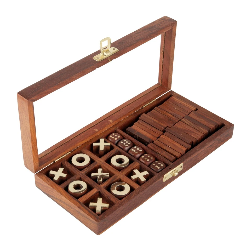 Wooden 3-in-1 Parlour Game Set 28 Dominoes Tic-Tac-Toe Tokens & Dice brain IQ - Image 2 of 4