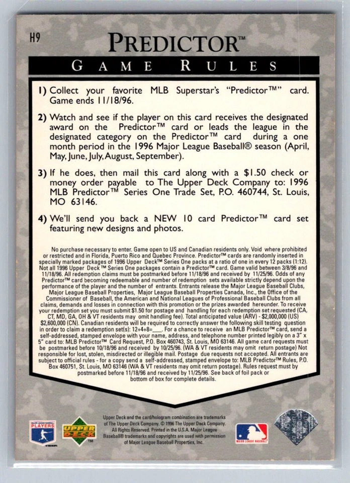 💎1996 Upper Deck Baseball Predictors: Hobby #H9 Mo Vaughn - Red Sox💎 - Image 2 of 2