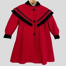 Vintage Girl  s Victorian Coat Red Black Velvet Bow Wool Christmas Edwardian 6