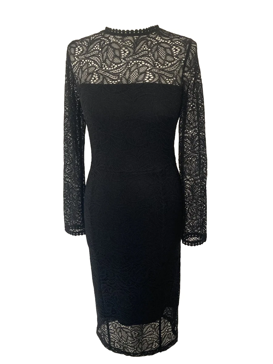 Bodycon Dress Next 6 Black Evening Wear Lace Zip Lined Long Sleeve High Neck