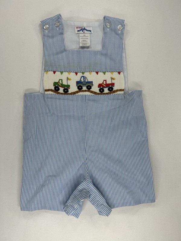 Silly Goose Toddler Boys Smocked Overalls - Truck Theme - Size 12 Months