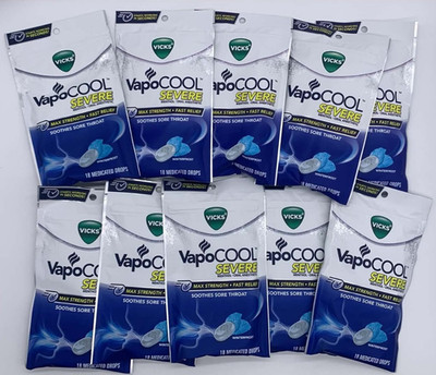 10PK Vicks Vapocool Severe Menthol Anesthetic ~ 18 Medicated Drops EA ~ EXP 1/28