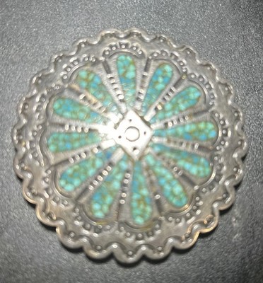 Vintage Navajo Belt Buckle 925 Silver Inlaid Turquoise Round Beautiful 2 inch 