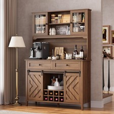 Farmhouse 72" Bar Cabinet Sliding Barn Door, Coffee Station with Charging LED