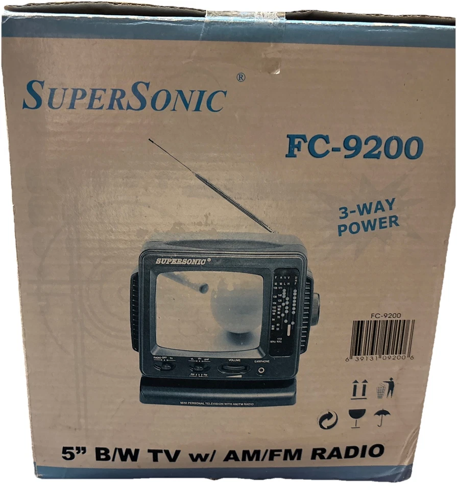 New SUPERSONIC FC-9200 Portable 5" B&W TV with AM/FM Radio Electric & Battery - Image 2 of 2