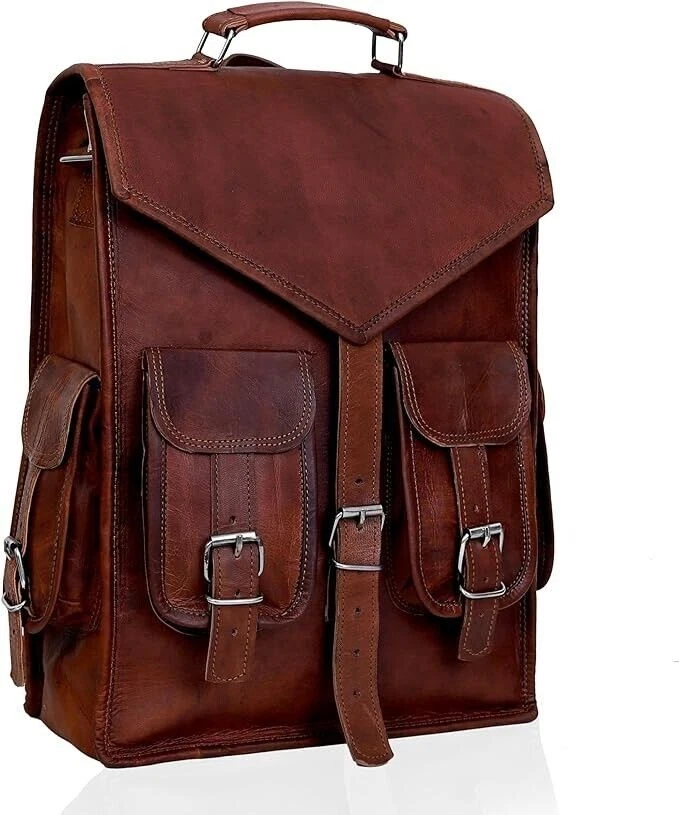 Leather Backpack Laptop Vintage Bag Genuine Rucksack Travel Men's New Brown 15''