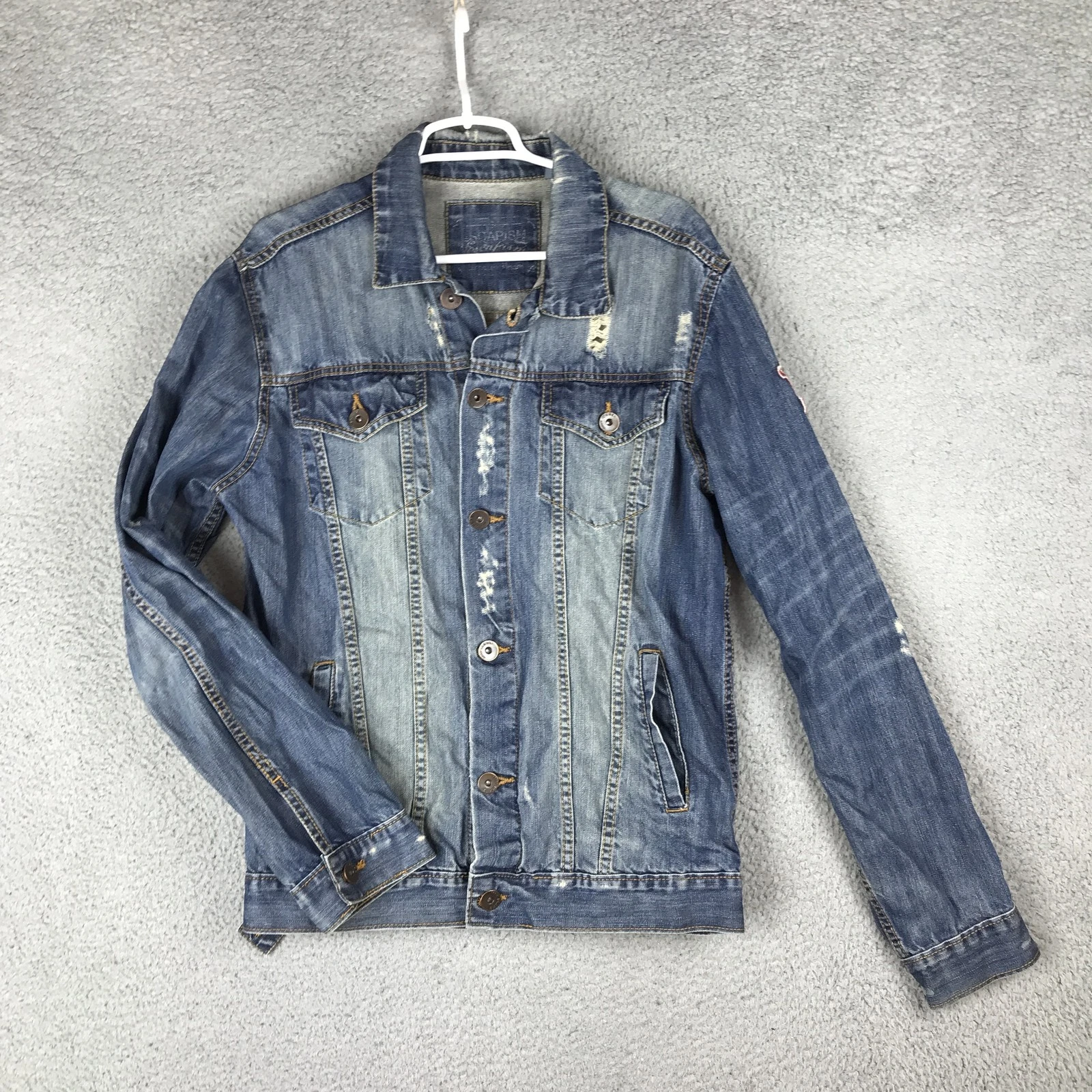 Escapism Denim Jacket Mens Large Blue Distressed Patchwork Trucker ESPM Jeans