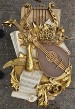 Syroco 1971 #7236 Hanging Wall Art Music Mandolin Harp Fruit Gold 30"x19"x3"