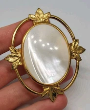 Vintage Mother Of Pearl Gold Tone Leaf Oval Scarf Clip