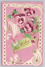 Best Wishes Pink Flowers in Funnel Holder Posted Greetings Postcard