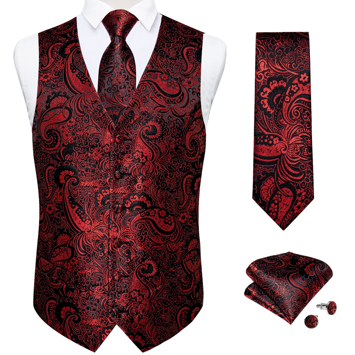 Burgundy Paisley Mens Waistcoats Silk Jacquard Vintage Vest Tie