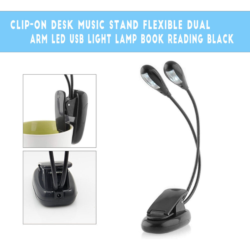 Clip-On Desk Music Stand Flexible Dual Arm LED USB Light Lamp Book Reading NEW