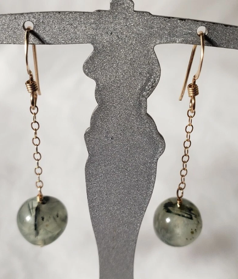 Gold filled long earrings, prehnite, green color, handmade - Image 2 of 2