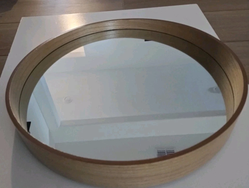 Round Bamboo Mirror 20" Brown Wall Mount Vanity Circle Boho Cane Scandinavian - Image 4 of 4