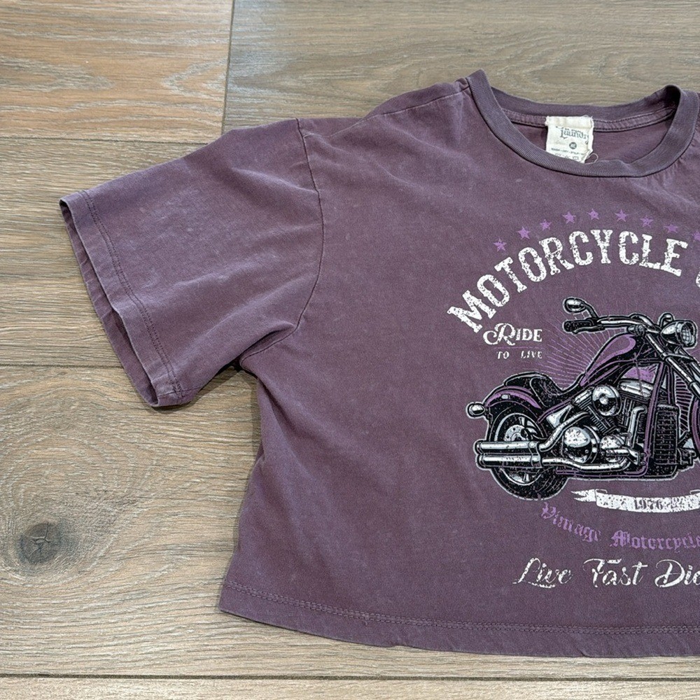 DIRTEE LAUNDRY Acid Wash Purple Motorcycle Cropped Short Sleeve T-Shirt Size XL