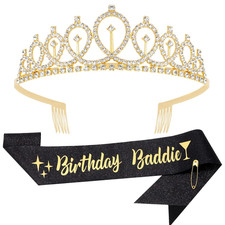 Birthday Baddie Sash and Crown Tiara - Black Glitter Sash with Gold Foil Birthda