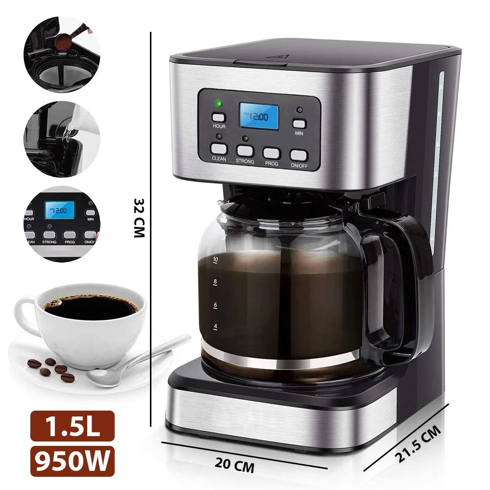 Drip Coffee Maker with Timer 900ml Glass Carafe 950W Automatic Coffee Machine