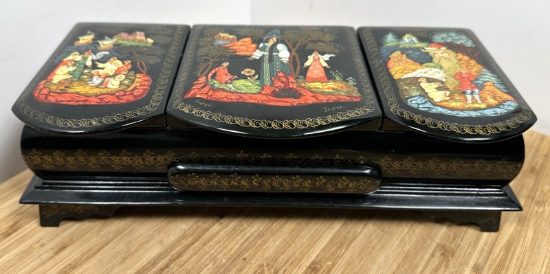 Russian Lacquer Fedoskino Signed Triple 3-Part Box w/ Drawer Fairy Tales
