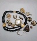 Vintage Jewelry Craft Lot Brooches Earrings Goldtone Black Art Deco