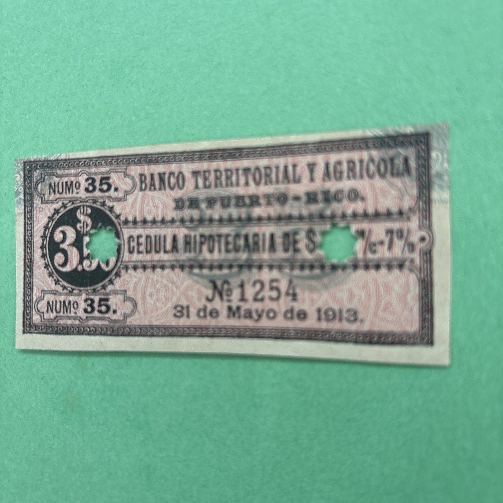 L@@K PUERTO RICO BANKNOTE $3.50 1900s BANCO TERRITORIAL AGRÍCOLA