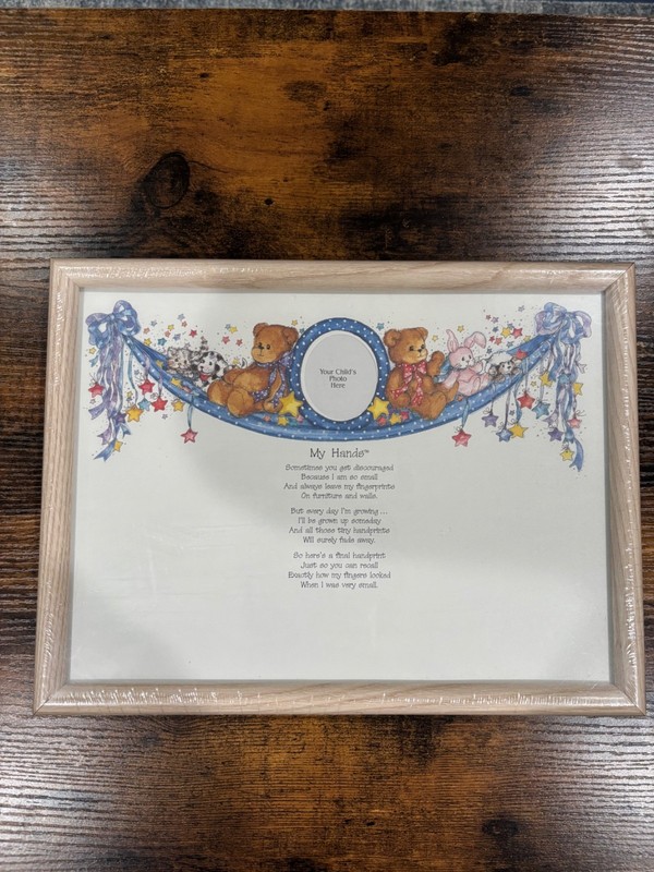 Vintage My Hands Child Handprint Keepsake Frame Poem Teddy Bear Nursery Decor NI