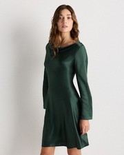 Quince Women 100% Washable Silk Long Sleeve Mini Dress Forest Green M