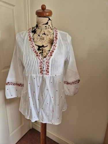 FAT FACE White Cotton Hippie TUNIC TOP  BLOUSE SIZE UK 14 Boho Embroidered Used