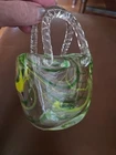 Vintage Hand Blown Art Green & Yellow Swirled  Murano Style Glass Purse/Vase