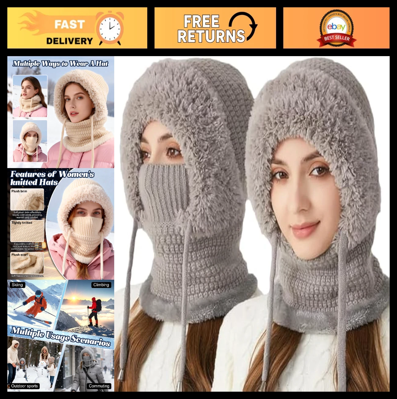 3-in-1 Winter Beanie Hat Scarf Mask Set, Warm Knitted Ski Face Cover & Neck Gait