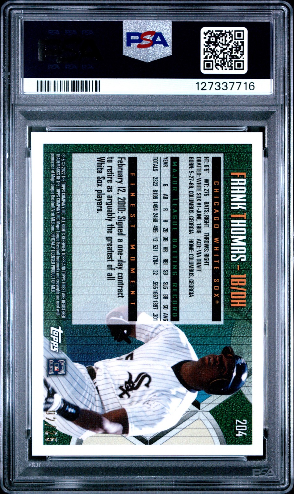 2022 TOPPS FINEST FLASHBACKS SP-BLACK REFRACTOR #204 FRANK THOMAS 2/25 PSA 10 view 2