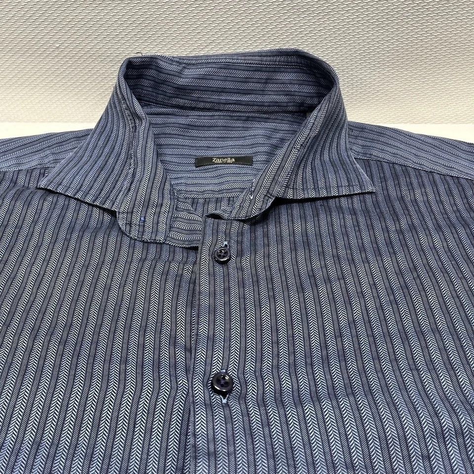 Zanella Italy Blue Herringbone Striped Mens Long Sleeve Button Up Shirt Size LT - Image 2 of 4
