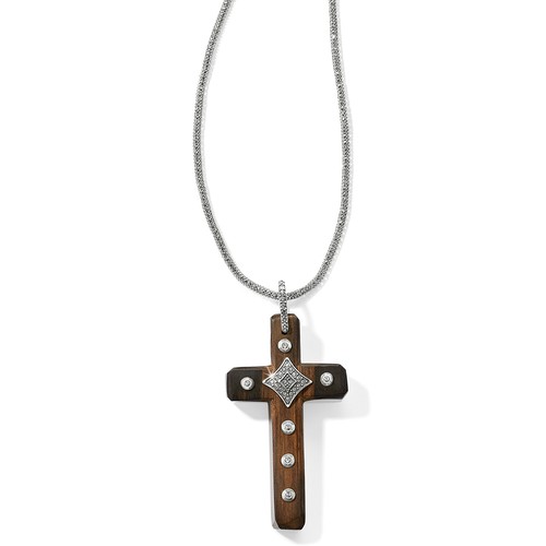 NWT Brighton BYZANTINE CROSS Brown Robles Wood Silver Pendant Necklace MSRP $98 - Picture 2 of 5