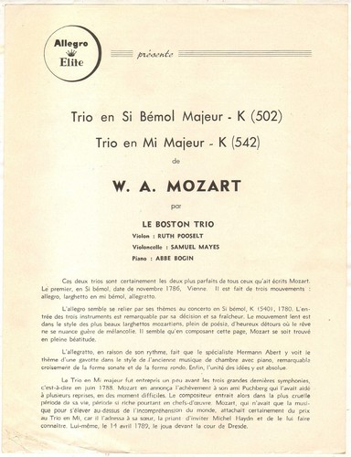 RUTH POOSELT / BOSTON TRIO, MOZART TRIO K 502 & 542 LP 1954 ALLEGRO ELITE LDA-73 - Picture 5 of 5